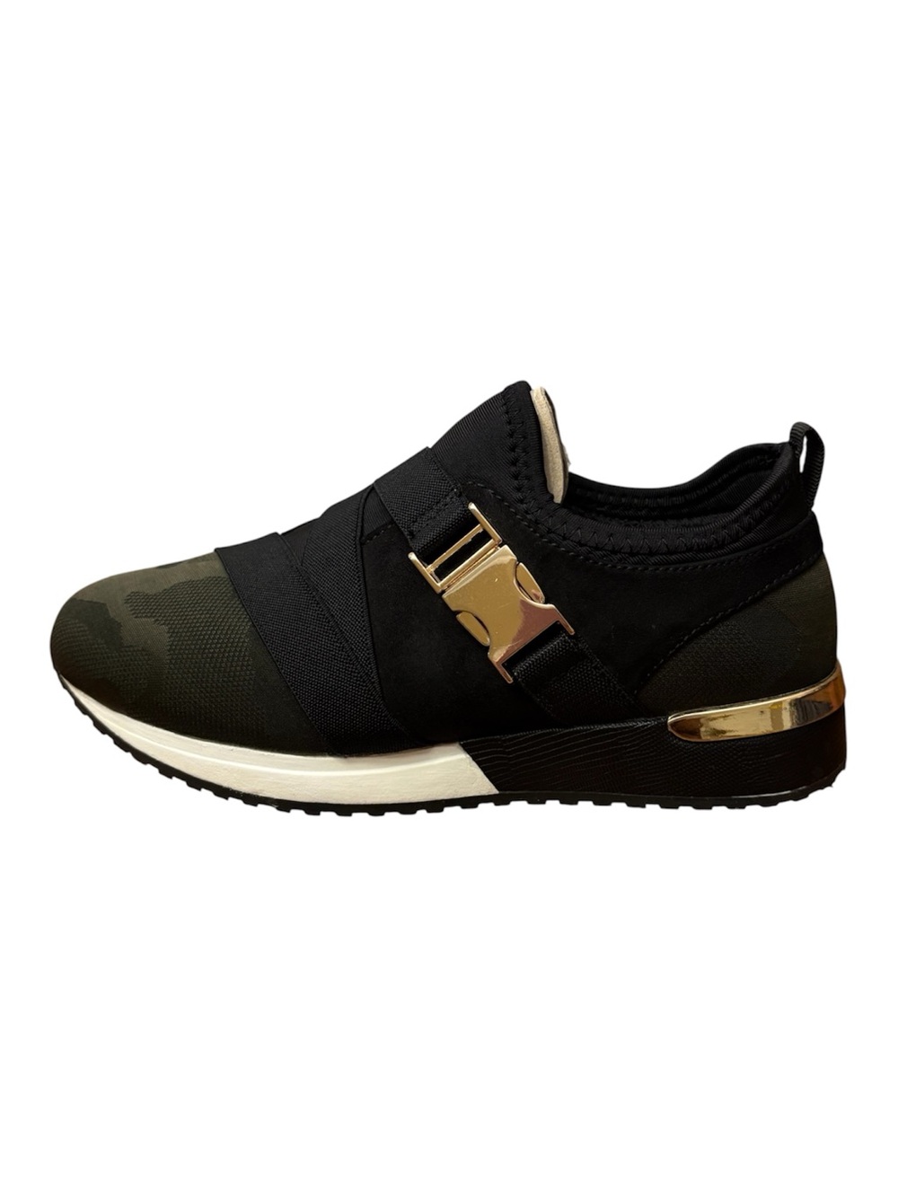 Women's Olive Green & Black Slip-On Sneaker with Gold Accent